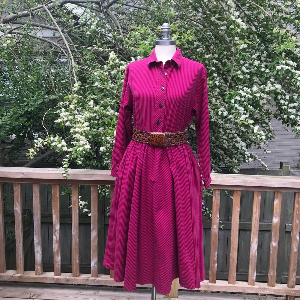 Vintage Raspberry Striped Cotton Shirtdress Med Large